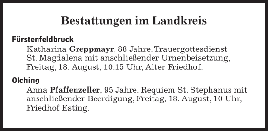 Traueranzeige von Bestattungen vom 18.08.2023 von Süddeutsche Zeitung