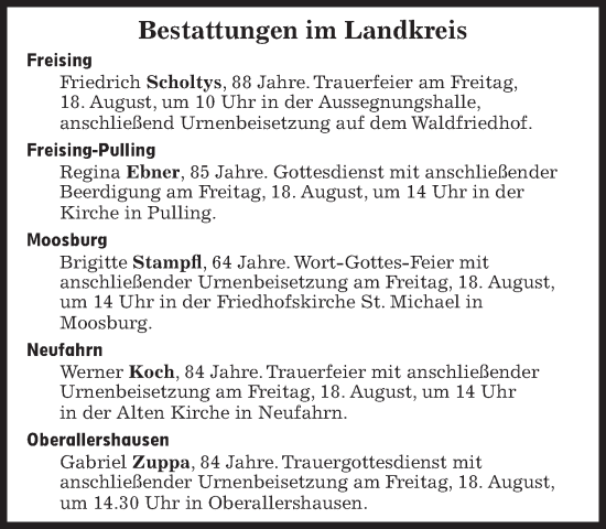 Traueranzeige von Bestattungen vom 18.08.2023 von Süddeutsche Zeitung