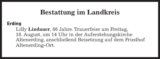 Traueranzeige von Bestattungen vom 18.08.2023 von Süddeutsche Zeitung