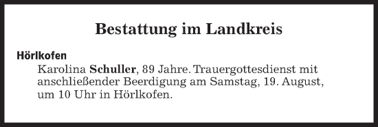 Traueranzeige von Bestattungen vom 19.08.2023 von Süddeutsche Zeitung