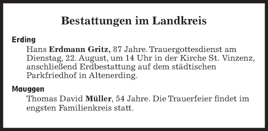 Traueranzeige von Bestattungen vom 22.08.2023 von Süddeutsche Zeitung