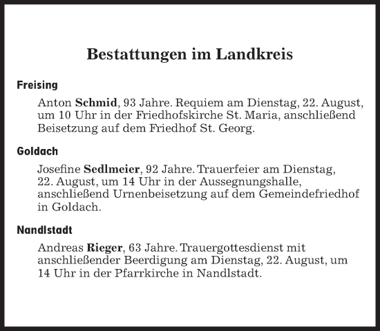 Traueranzeige von Bestattungen vom 22.08.2023 von Süddeutsche Zeitung