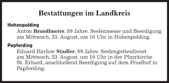 Traueranzeige von Bestattungen vom 23.08.2023 von Süddeutsche Zeitung