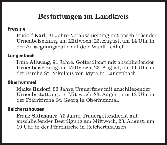 Traueranzeige von Bestattungen vom 23.08.2023 von Süddeutsche Zeitung