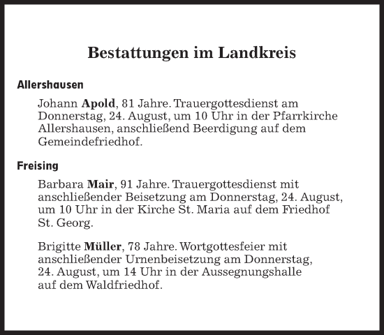 Traueranzeige von Bestattungen vom 24.08.2023 von Süddeutsche Zeitung