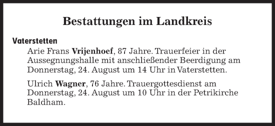 Traueranzeige von Bestattungen vom 24.08.2023 von Süddeutsche Zeitung