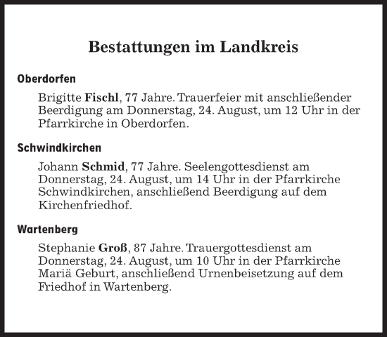 Traueranzeige von Bestattungen vom 24.08.2023 von Süddeutsche Zeitung