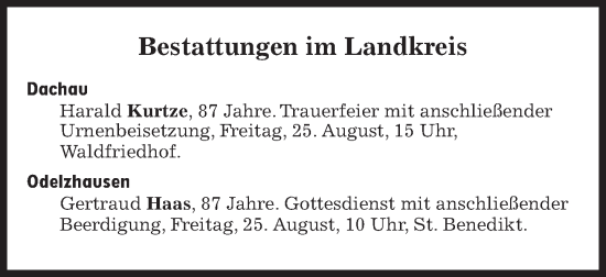 Traueranzeige von Bestattungen vom 25.08.2023 von Süddeutsche Zeitung