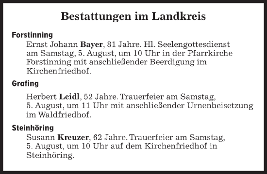 Traueranzeige von Bestattungskalender vom 05.08.2023 von Süddeutsche Zeitung