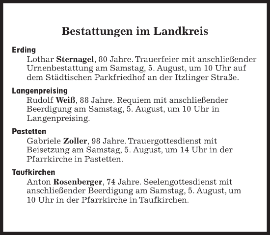 Traueranzeige von Bestattungskalender vom 05.08.2023 von Süddeutsche Zeitung