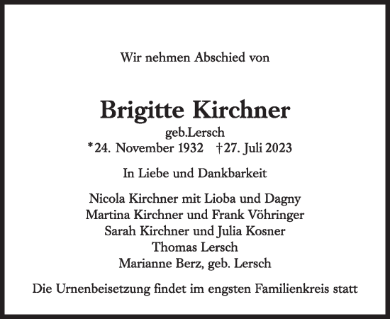 Traueranzeige von Brigitte Kirchner von Süddeutsche Zeitung