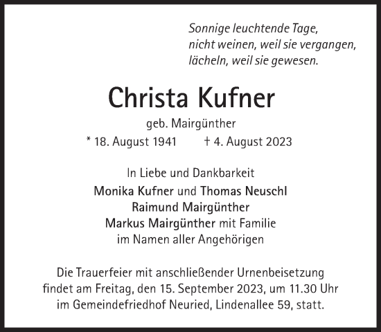 Traueranzeige von Christa Kufner von Süddeutsche Zeitung