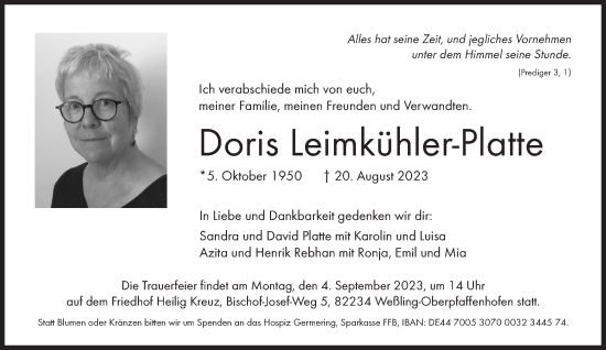 Traueranzeige von Doris Leimkühler-Platte von Süddeutsche Zeitung
