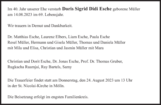 Traueranzeige von Doris Sigrid Didi Esche von Süddeutsche Zeitung