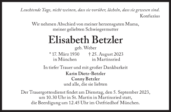 Traueranzeige von Elisabeth Betzler von Süddeutsche Zeitung