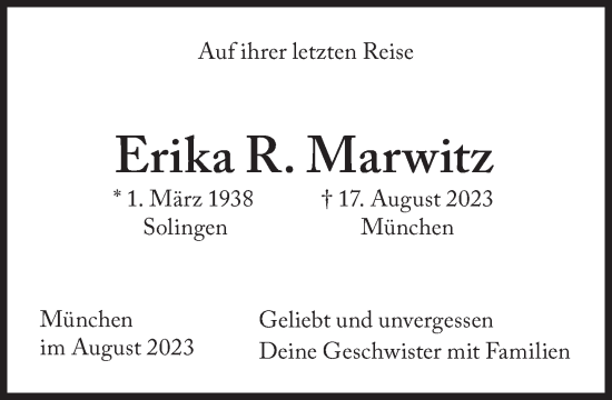 Traueranzeige von Erika R. Marwitz von Süddeutsche Zeitung