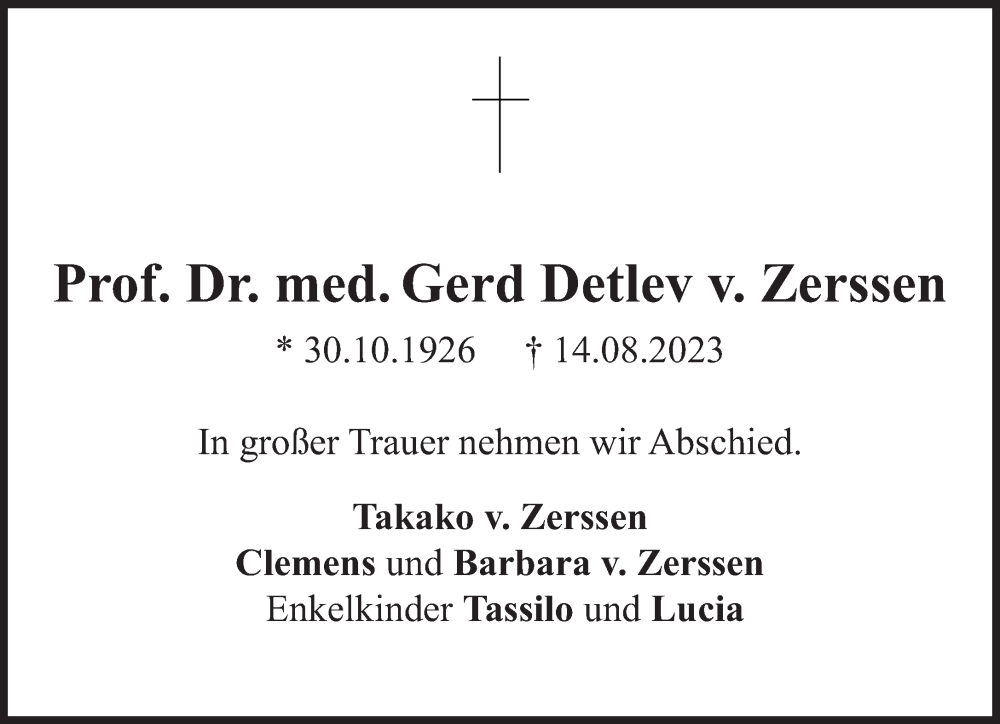  Traueranzeige für Gerd Detlev  v. Zerssen vom 19.08.2023 aus Süddeutsche Zeitung