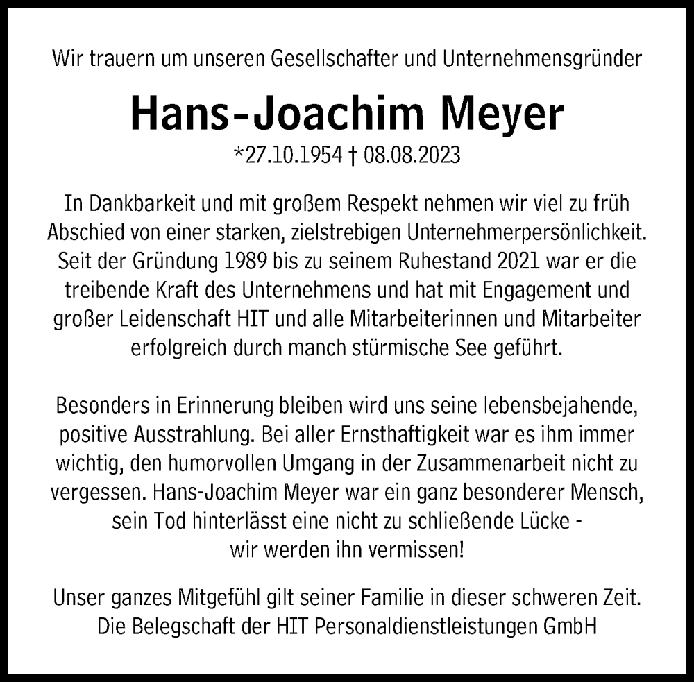  Traueranzeige für Hans-Joachim Meyer vom 17.08.2023 aus Süddeutsche Zeitung