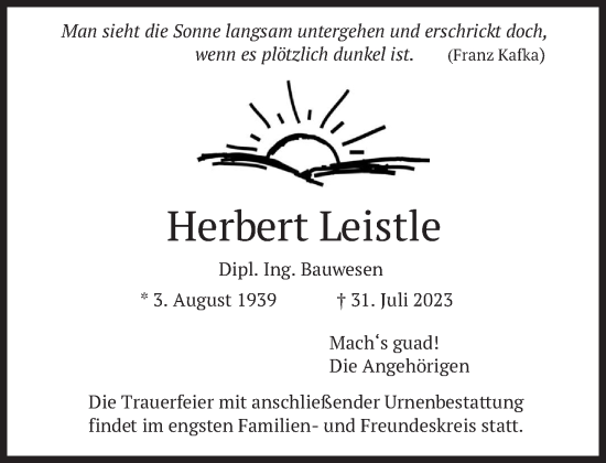 Traueranzeige von Herbert Leistle von Süddeutsche Zeitung