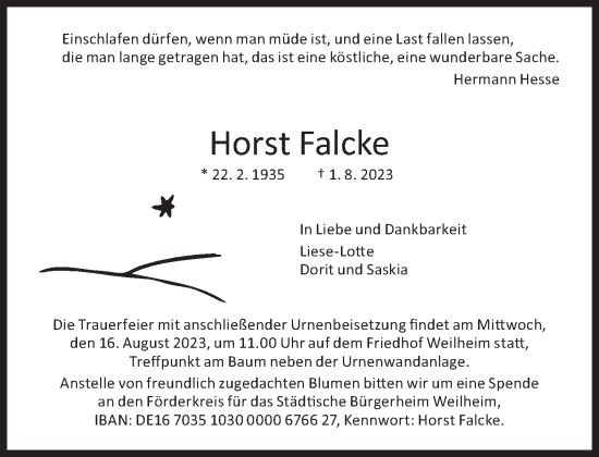 Traueranzeige von Horst Falcke von Süddeutsche Zeitung