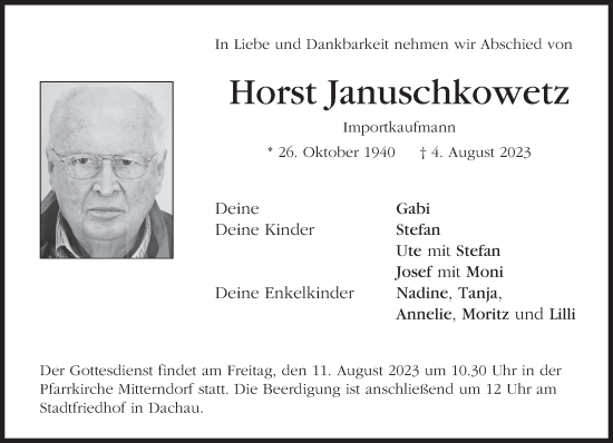 Traueranzeige von Horst Januschkowetz von Süddeutsche Zeitung