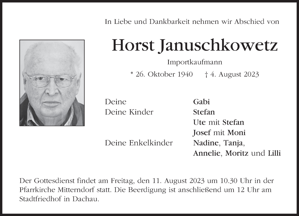  Traueranzeige für Horst Januschkowetz vom 09.08.2023 aus Süddeutsche Zeitung