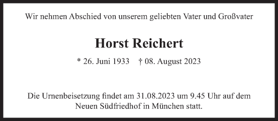 Traueranzeige von Horst Reichert von Süddeutsche Zeitung