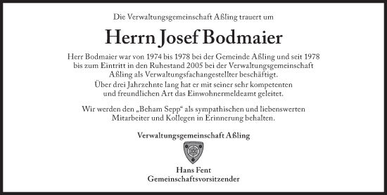 Traueranzeige von Josef Bodmaier von Süddeutsche Zeitung