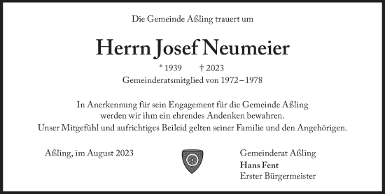 Traueranzeige von Josef Neumeier von Süddeutsche Zeitung