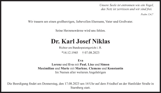 Traueranzeige von Karl Josef Niklas von Süddeutsche Zeitung