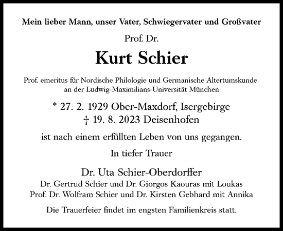Traueranzeige von Kurt Schier von Süddeutsche Zeitung
