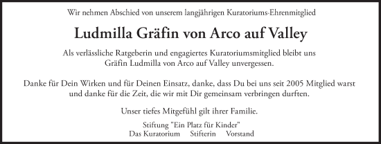 Traueranzeige von Ludmilla von Arco auf Valley von Süddeutsche Zeitung