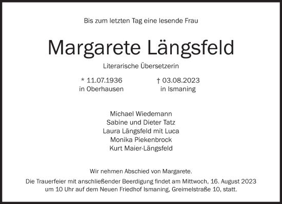 Traueranzeige von Margarete Längsfeld von Süddeutsche Zeitung