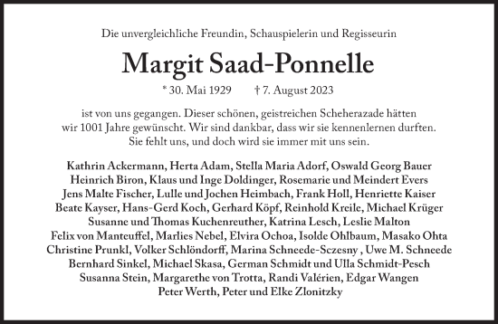 Traueranzeige von Margit Saad-Ponnelle von Süddeutsche Zeitung