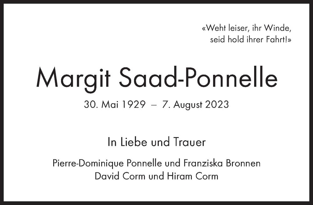  Traueranzeige für Margit Saad-Ponnelle vom 12.08.2023 aus Süddeutsche Zeitung