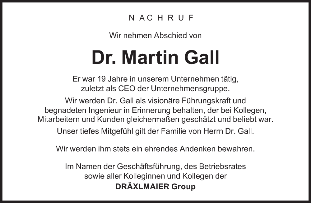  Traueranzeige für Martin Gall vom 28.08.2023 aus Süddeutsche Zeitung