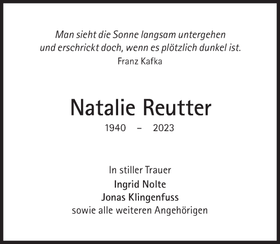 Traueranzeige von Natalie Reutter von Süddeutsche Zeitung