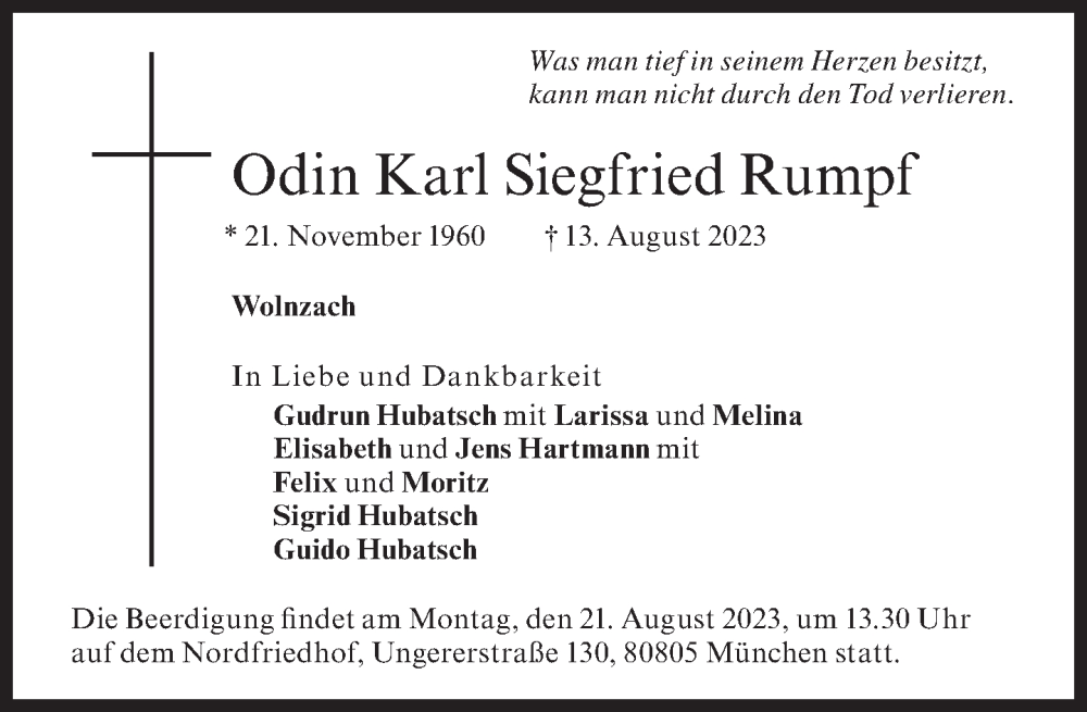  Traueranzeige für Odin Rumpf vom 19.08.2023 aus Süddeutsche Zeitung