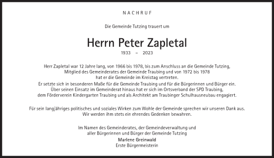 Traueranzeige von Peter Zapletal von Süddeutsche Zeitung