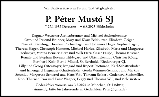 Traueranzeige von Péter Mustó von Süddeutsche Zeitung
