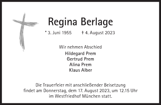 Traueranzeige von Regina Berlage von Süddeutsche Zeitung