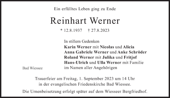 Traueranzeige von Reinhart Werner von Süddeutsche Zeitung