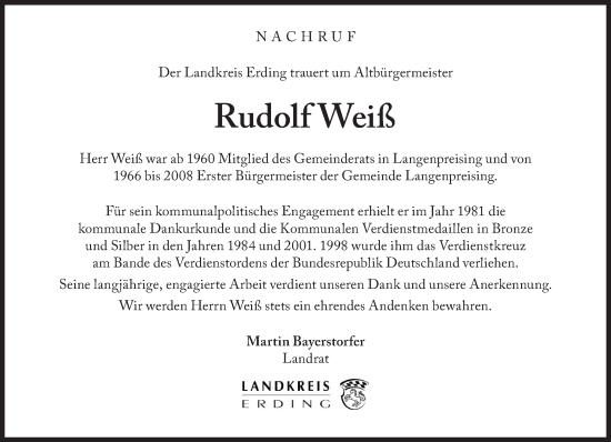 Traueranzeige von Rudolf Weiß von Süddeutsche Zeitung