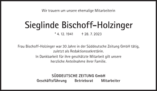 Traueranzeige von Sieglinde Bischoff-Holzinger von Süddeutsche Zeitung