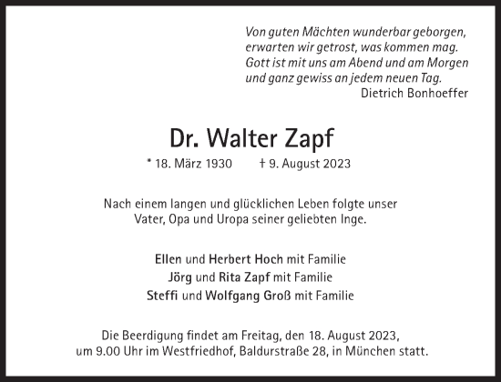 Traueranzeige von Walter Zapf von Süddeutsche Zeitung