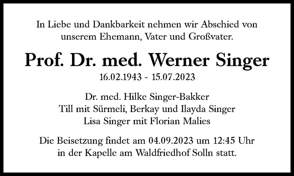  Traueranzeige für Werner Singer vom 16.08.2023 aus Süddeutsche Zeitung