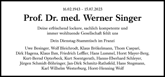 Traueranzeige von Werner Singer von Süddeutsche Zeitung