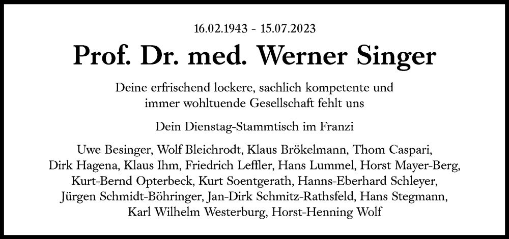  Traueranzeige für Werner Singer vom 16.08.2023 aus Süddeutsche Zeitung