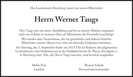 Traueranzeige von Werner Taugs von Süddeutsche Zeitung