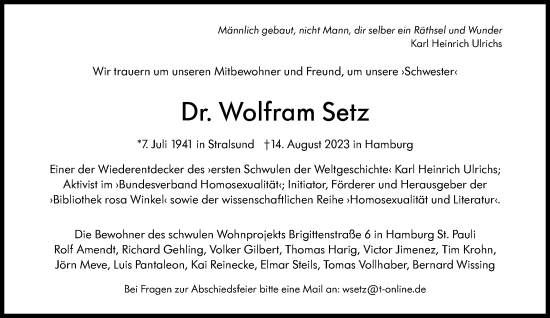 Traueranzeige von Wolfram Setz von Süddeutsche Zeitung